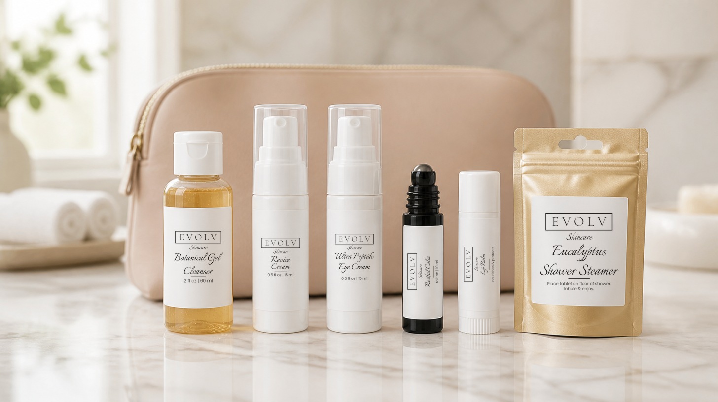 Private-label skincare bottles, roll-on and pouch carrying a client brand